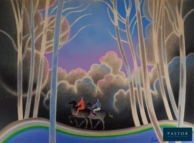 un tableau représentant deux personnes à cheval dans les bois