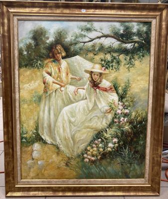 une peinture à l'huile représentant deux femmes dans un champ, avec une ombrelle
