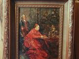 a painting of a woman in a red dress sitting in a chair