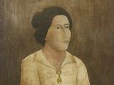 an old painting of a woman holding a book in her hands