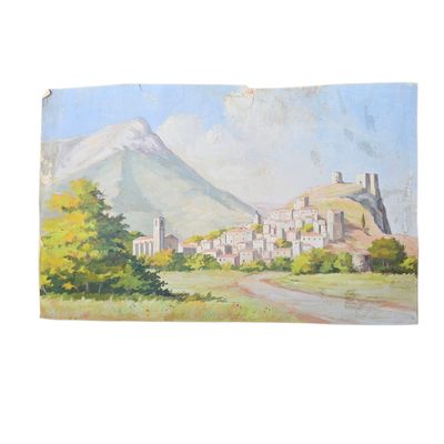 une peinture à l'huile représentant un château sur une colline, avec une route au premier plan