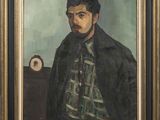 portrait d'un homme vêtu d'un manteau noir et d'une cravate verte