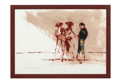 tableau représentant deux personnes se promenant sur une plage avec un chien