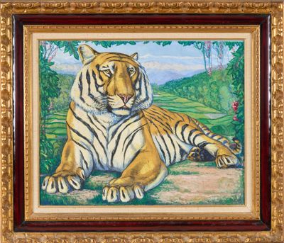 a painting of a tiger laying down in the grass