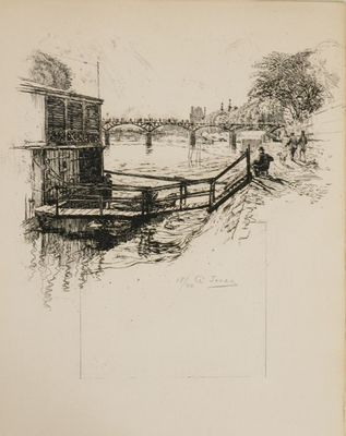 dessin représentant un bateau sur un plan d'eau, avec un pont en arrière-plan