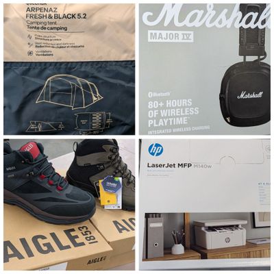 quatre photos d'une boîte contenant une paire de chaussures et un casque audio