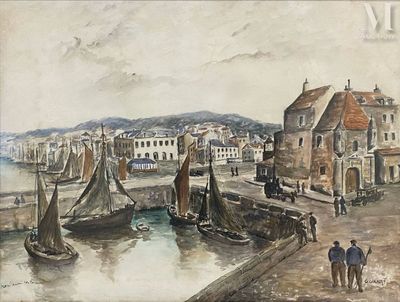 a painting of a harbor scene with boats in the water