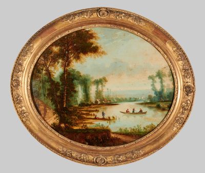 une image d'une peinture représentant une scène de rivière avec un bateau dans l'eau