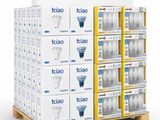 many boxes of light bulbs stacked on a pallet
