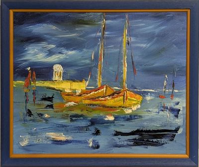 tableau représentant des voiliers dans un port, avec un phare en arrière-plan