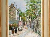 an oil painting of a street scene with people walking down the street