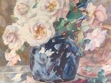 a painting of roses in a blue vase on a table