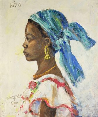 an oil painting of a woman with a blue head scarf