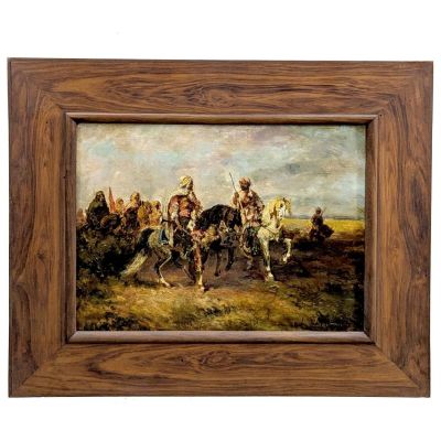 painting of a group of men riding horses in a field