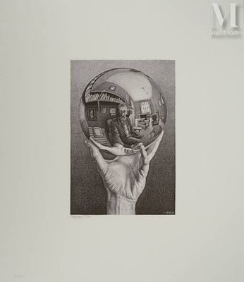 a drawing of a hand holding a mirror ball
