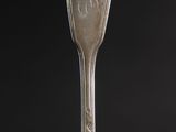 a silver spoon with a silver handle on a black background