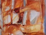 an abstract painting of an orange and white painting on a white background