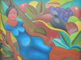 tableau représentant une femme avec une guitare devant un tableau représentant des fruits