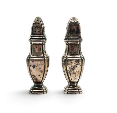 a pair of silver salt and pepper shakers on a white background