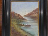 painting of a man in a boat on a river with mountains in the background