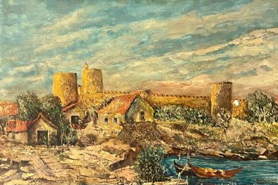 a painting of a painting of a castle by the water