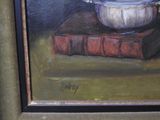 a painting of a bowl of flowers on top of a book