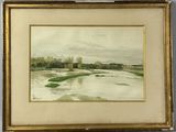 an image of a painting of a river with a bridge in the background