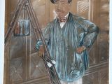 tableau représentant un homme tenant un fusil et un fusil posé sur un trépied