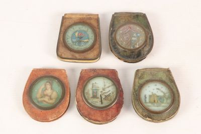four small antique tinned boxes with miniature pictures of people on them