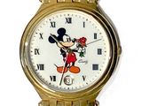 mickey mouse wrist watch with gold tone bracelet and white face