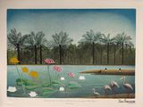 une image représentant un tableau avec des flamants roses et des nénuphars dans un étang