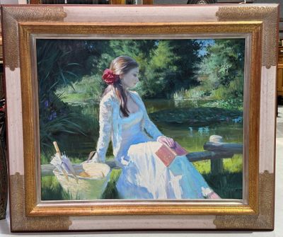 un tableau représentant une femme assise sur un banc avec un panier