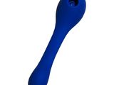 a blue plastic spoon with a handle on a white background