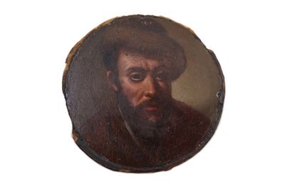 tableau représentant un homme barbu coiffé d'un chapeau, dans un cadre rond