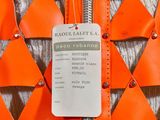 an image of a close up of an orange jacket with a tag on it