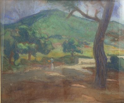 an image of a painting of a mountain with trees in the foreground