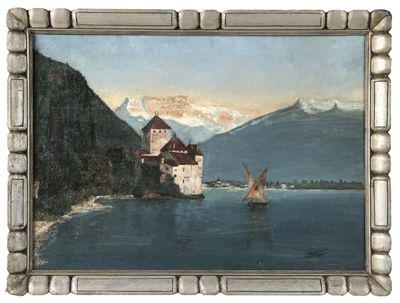 une image représentant un tableau d'un château au milieu d'un plan d'eau