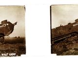 two pictures of an old tank in the middle of a field