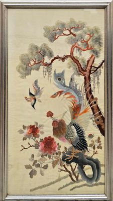an image of a painting of birds and flowers on a wall