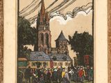 une image représentant un tableau d'une église devant laquelle se trouve une foule de personnes