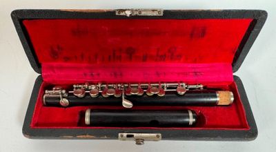 a black and silver flute in a red case