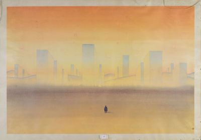painting of a person standing in front of a city skyline