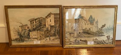 two framed paintings of a castle on a wooden floor next to a wall