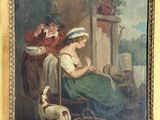 painting of a woman and a man sitting in a chair with a dog in front of them