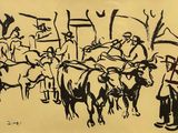 drawing of a group of men with oxen pulling a cart