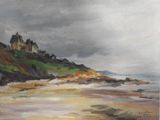 une peinture à l'huile représentant une maison située sur une colline surplombant l'océan