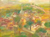 an image of a painting of a town with a bridge over it