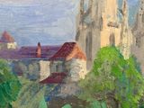 an oil painting of a church in a park with a horse and buggy