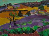 an oil painting of a landscape with a tree in the foreground