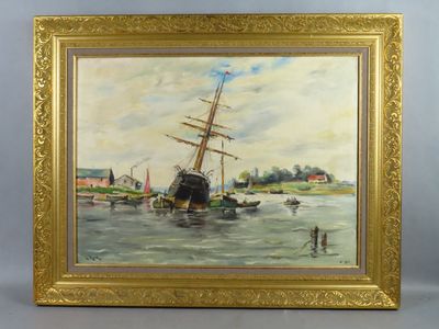 une peinture à l'huile représentant un bateau sur un plan d'eau